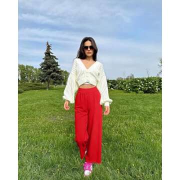 OQQ Women's 2 Piece Pants Wide Leg High Waist Casual Lounge Travel Vacation Loose Pants Black Red