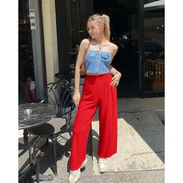 OQQ Women's 2 Piece Pants Wide Leg High Waist Casual Lounge Travel Vacation Loose Pants Black Red