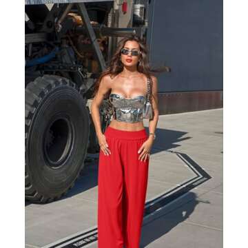 OQQ Women's 2 Piece Pants Wide Leg High Waist Casual Lounge Travel Vacation Loose Pants Black Red