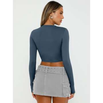 Trendy Queen Womens Long Sleeve Crop Tops Basic Slim Fitted Shirts Casual Fashion 2025 Going Out Y2k Tops Teen Girl Clothes Haze Blue M