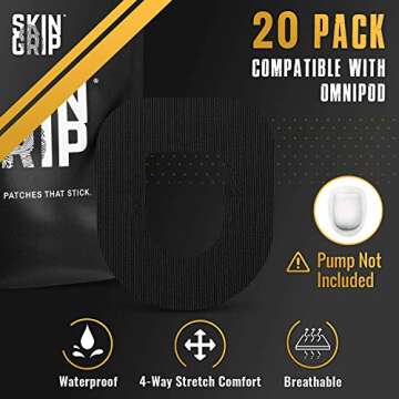 Skin Grip CGM Patches for Insulet Omnipod (20-Pack), Waterproof & Sweatproof for 10-14 Days, Pre-Cut Adhesive Tape, Continuous Glucose Monitor Protection(Black)