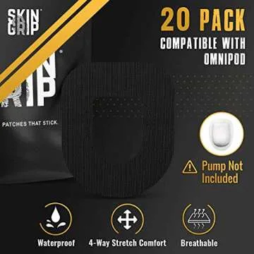 Skin Grip CGM Patches for Insulet Omnipod (20-Pack), Waterproof & Sweatproof for 10-14 Days, Pre-Cut Adhesive Tape, Continuous Glucose Monitor Protection(Black)