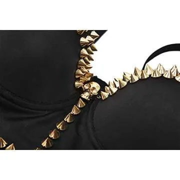bslingerie® Madonna Style Metallic Studs Bustier Bra Corset Top (S, Black Skull)