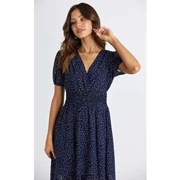 PRETTYGARDEN Puff Sleeve Floral Easter Dress for Women High Low Hem Wrap V Neck Summer Dress Smocked Waist Flowy Midi Dress (Bright Blue, Large)