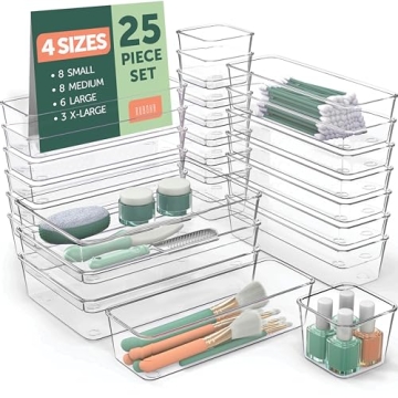 25 PCS Clear Plastic Drawer Organizers Set, 4 Sizes Clear Drawer Organizers & storage Bins for Makeu...