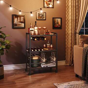 HOOBRO Bar Cart, 3-Tier Coffee Cart with Wheels, Kitchen Cart, Wine Cart with Wine Rack and Glass Holder, Rolling Serving Cart for Home, Living Room, Party, Bar, Rustic Brown and Black BF35TC01G1