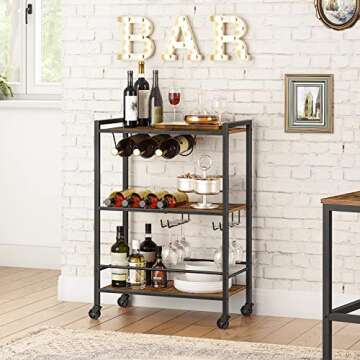 HOOBRO Bar Cart, 3-Tier Coffee Cart with Wheels, Kitchen Cart, Wine Cart with Wine Rack and Glass Holder, Rolling Serving Cart for Home, Living Room, Party, Bar, Rustic Brown and Black BF35TC01G1