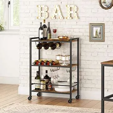 HOOBRO Bar Cart, 3-Tier Coffee Cart with Wheels, Kitchen Cart, Wine Cart with Wine Rack and Glass Holder, Rolling Serving Cart for Home, Living Room, Party, Bar, Rustic Brown and Black BF35TC01G1