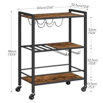 HOOBRO Bar Cart, 3-Tier Coffee Cart with Wheels, Kitchen Cart, Wine Cart with Wine Rack and Glass Holder, Rolling Serving Cart for Home, Living Room, Party, Bar, Rustic Brown and Black BF35TC01G1