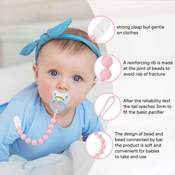 MINMUNJIU Silicone Pacifier Clip Holder, 4 Pack One Piece Soft Flexible Binky Clips Pacifier Holder Clip for Girls, Baby Newborn Essentials, Teething Relief, Birthday Christmas Shower Gift