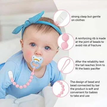 MINMUNJIU Silicone Pacifier Clip Holder, 4 Pack One Piece Soft Flexible Binky Clips Pacifier Holder Clip for Girls, Baby Newborn Essentials, Teething Relief, Birthday Christmas Shower Gift