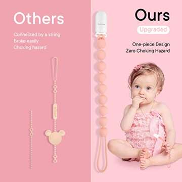 MINMUNJIU Silicone Pacifier Clip Holder, 4 Pack One Piece Soft Flexible Binky Clips Pacifier Holder Clip for Girls, Baby Newborn Essentials, Teething Relief, Birthday Christmas Shower Gift