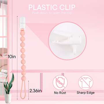 MINMUNJIU Silicone Pacifier Clip Holder, 4 Pack One Piece Soft Flexible Binky Clips Pacifier Holder Clip for Girls, Baby Newborn Essentials, Teething Relief, Birthday Christmas Shower Gift