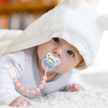 MINMUNJIU Silicone Pacifier Clip Holder, 4 Pack One Piece Soft Flexible Binky Clips Pacifier Holder Clip for Girls, Baby Newborn Essentials, Teething Relief, Birthday Christmas Shower Gift