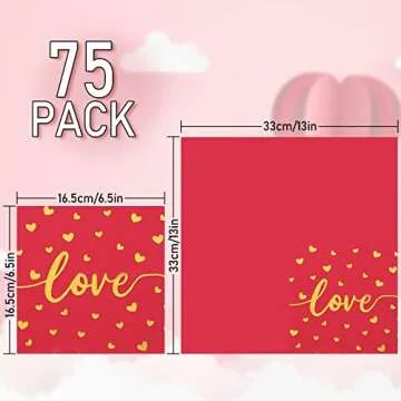 Whaline 75 Pack Valentine's Day Napkins 6.5 x 6.5 Inch Red Pink Gold Foil Dinner Napkins Love XOXO K...