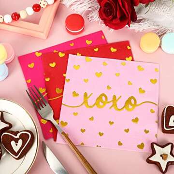 Whaline 75 Pack Valentine's Day Napkins 6.5 x 6.5 Inch Red Pink Gold Foil Dinner Napkins Love XOXO Kisses Valentines Disposable Paper Napkins for Valentine's Day wedding Anniversary Party Supplies