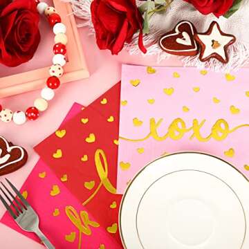 Whaline 75 Pack Valentine's Day Napkins 6.5 x 6.5 Inch Red Pink Gold Foil Dinner Napkins Love XOXO Kisses Valentines Disposable Paper Napkins for Valentine's Day wedding Anniversary Party Supplies