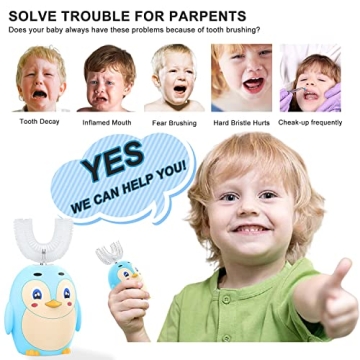 Kids Toothbrush Electric, Toddler Electric Toothbrush Ultrasonic Toothbrush 360° Cleaning U Shaped Toothbrush Come with 3 Brushing Heads and Cup for Toddlers & Children (PGUTB-2-6-Blue)