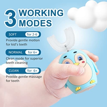 Kids Toothbrush Electric, Toddler Electric Toothbrush Ultrasonic Toothbrush 360° Cleaning U Shaped Toothbrush Come with 3 Brushing Heads and Cup for Toddlers & Children (PGUTB-2-6-Blue)