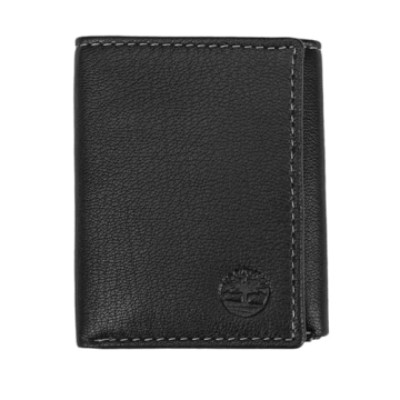 Timberland Men's Black Leather Trifold Wallet with ID Window