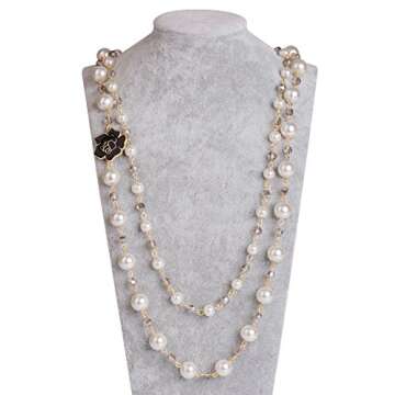 Designer Inspired Long Double Pearl Strand Layered Camellia Flower Pendant Necklace for Women, Daint...