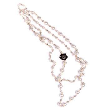 Designer Inspired Long Double Pearl Strand Layered Camellia Flower Pendant Necklace for Women, Dainty Sweater Necklace for Party, Vintage Costume Jewelry (Black Rose)