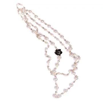 Designer Inspired Long Double Pearl Strand Layered Camellia Flower Pendant Necklace for Women, Dainty Sweater Necklace for Party, Vintage Costume Jewelry (Black Rose)