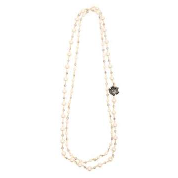 Designer Inspired Long Double Pearl Strand Layered Camellia Flower Pendant Necklace for Women, Dainty Sweater Necklace for Party, Vintage Costume Jewelry (Black Rose)