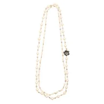 Designer Inspired Long Double Pearl Strand Layered Camellia Flower Pendant Necklace for Women, Dainty Sweater Necklace for Party, Vintage Costume Jewelry (Black Rose)