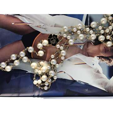 Designer Inspired Long Double Pearl Strand Layered Camellia Flower Pendant Necklace for Women, Dainty Sweater Necklace for Party, Vintage Costume Jewelry (Black Rose)