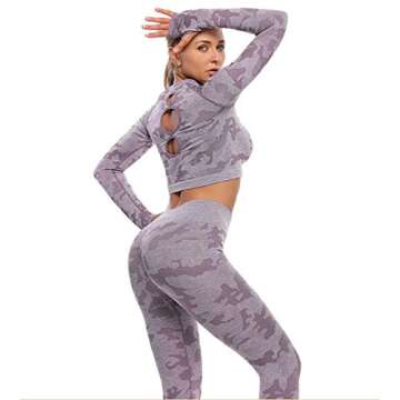 MANON ROSA Workout Sets Women 2 Piece Gym Outfit Seamless Yoga Long Sleeve Crop Top Legging Exercise Fitness Camouflage Purple Small