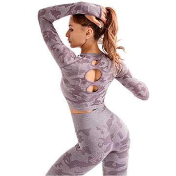 MANON ROSA Workout Sets Women 2 Piece Gym Outfit Seamless Yoga Long Sleeve Crop Top Legging Exercise Fitness Camouflage Purple Small