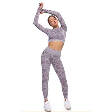 MANON ROSA Workout Sets Women 2 Piece Gym Outfit Seamless Yoga Long Sleeve Crop Top Legging Exercise Fitness Camouflage Purple Small
