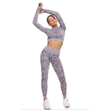 MANON ROSA Workout Sets Women 2 Piece Gym Outfit Seamless Yoga Long Sleeve Crop Top Legging Exercise Fitness Camouflage Purple Small