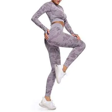 MANON ROSA Workout Sets Women 2 Piece Gym Outfit Seamless Yoga Long Sleeve Crop Top Legging Exercise Fitness Camouflage Purple Small