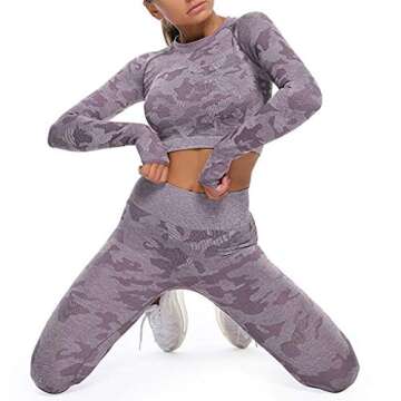 MANON ROSA Workout Sets Women 2 Piece Gym Outfit Seamless Yoga Long Sleeve Crop Top Legging Exercise Fitness Camouflage Purple Small