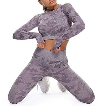 MANON ROSA Workout Sets Women 2 Piece Gym Outfit Seamless Yoga Long Sleeve Crop Top Legging Exercise Fitness Camouflage Purple Small