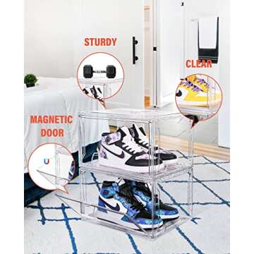 KDOR Clear Plastic Shoe Organizer, 3 Pack Stackable Sneaker Boxes, Transparent Display Case with Magnetic lid, Tidy Home & Office Closet Storage.