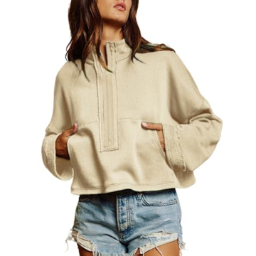 Himosyber Womens Cropped Sweatshirt Half Zip Pullover Long Sleeve Jacket Casual Crop Tops with Pockets Fall Winter Clothes (Apricot-S)