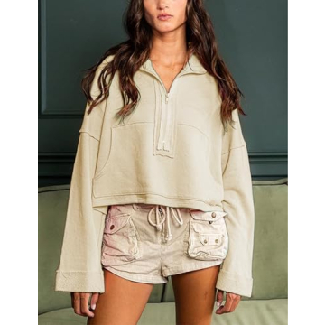 Himosyber Womens Cropped Sweatshirt Half Zip Pullover Long Sleeve Jacket Casual Crop Tops with Pockets Fall Winter Clothes (Apricot-S)