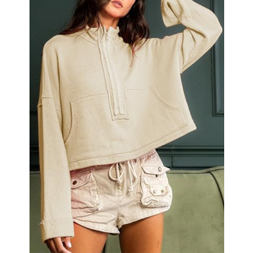 Himosyber Womens Cropped Sweatshirt Half Zip Pullover Long Sleeve Jacket Casual Crop Tops with Pockets Fall Winter Clothes (Apricot-S)