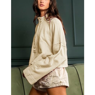 Himosyber Womens Cropped Sweatshirt Half Zip Pullover Long Sleeve Jacket Casual Crop Tops with Pockets Fall Winter Clothes (Apricot-S)