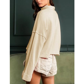 Himosyber Womens Cropped Sweatshirt Half Zip Pullover Long Sleeve Jacket Casual Crop Tops with Pockets Fall Winter Clothes (Apricot-S)