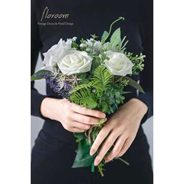 Floroom Artificial Flowers 25pcs Real Looking Ivory Foam Fake Roses with Stems for DIY Wedding Bouqu...
