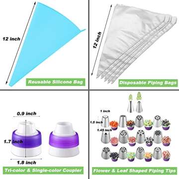 Suuker 27 Pieces Russian Piping Tips Set, Cake Decorating Tips Baking Supplies for Cupcake Cookies Birthday Party (12 Icing Tips 10 Pastry Baking Bags 2 Leaf Piping Tips 2 Couplers 1 Silicone Bag)