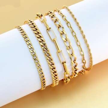 Bracelets for Women, 14K Gold Plated Bracelets for Women Trendy, 6PCS Set Dainty Stackable Paperclip...