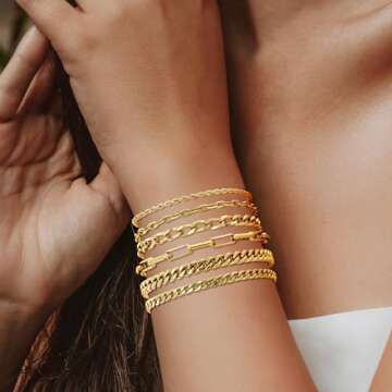 Bracelets for Women, 14K Gold Plated Bracelets for Women Trendy, 6PCS Set Dainty Stackable Paperclip Chain Link Bracelets Jewelry Gifts for Lover Mom