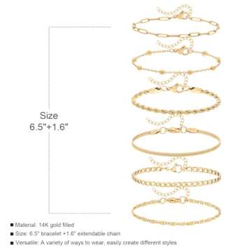 Bracelets for Women, 14K Gold Plated Bracelets for Women Trendy, 6PCS Set Dainty Stackable Paperclip Chain Link Bracelets Jewelry Gifts for Lover Mom