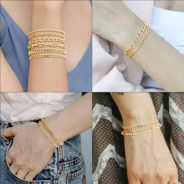 Bracelets for Women, 14K Gold Plated Bracelets for Women Trendy, 6PCS Set Dainty Stackable Paperclip Chain Link Bracelets Jewelry Gifts for Lover Mom