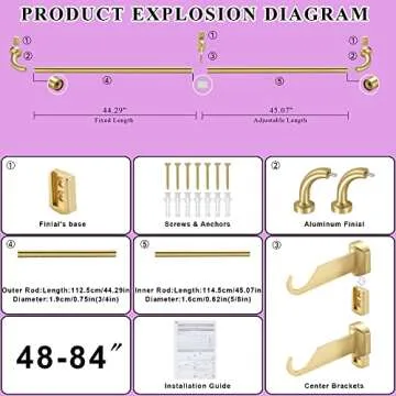 Brass Disc Curtain Rods, 48-84 Inches Window Curtain Rod,Adjustable Room Darkening Curtain Rod with Aluminum Finials and Brackets,Wrap Around Design